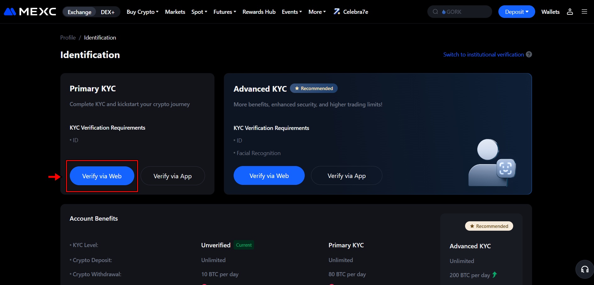 MEXC “Identification” page
