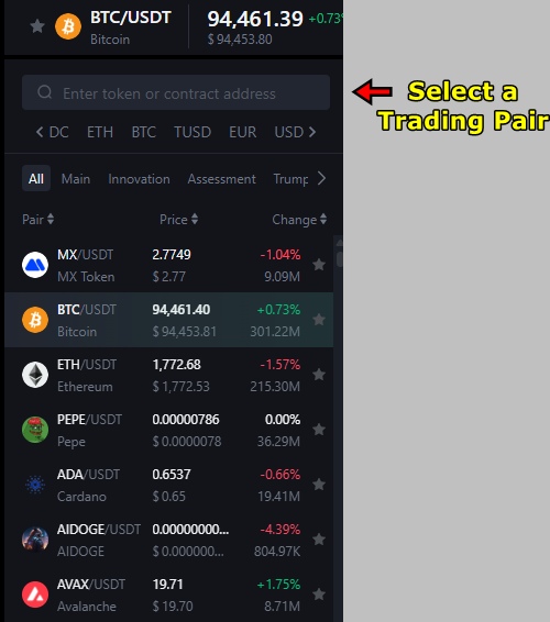 Spot trading pairs on MEXC