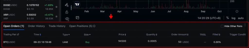 Open orders section MEXC