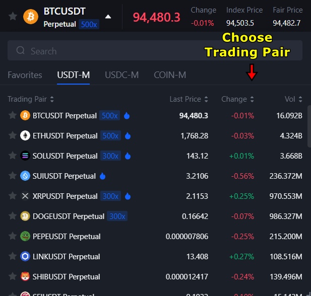MEXC Futures Trading Pair section