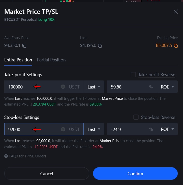 MEXC Futures TP/SL pop-up