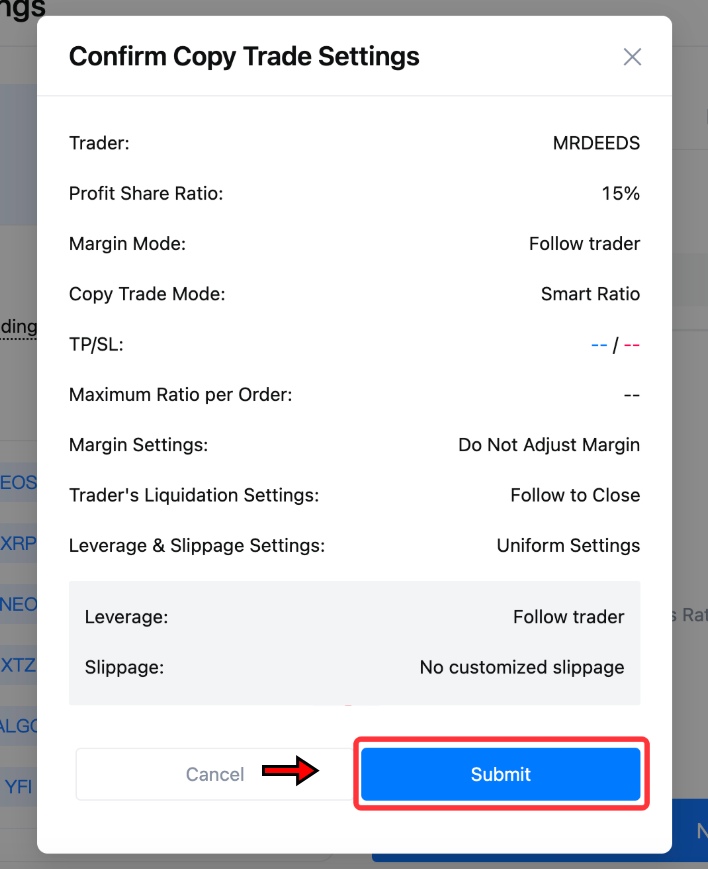 Confirm trade settings