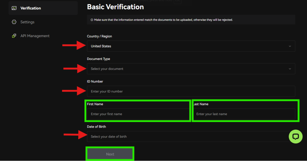 Bitunix basic KYC verification page