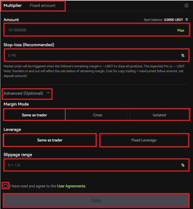 Bitunix Copy trading order placement window