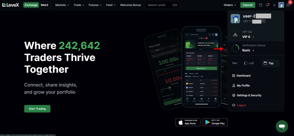 KYC on LeveX: LeveX exchange homepage