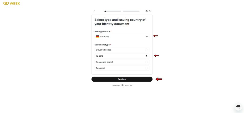 WEEX tutorial: Select a country and upload documents