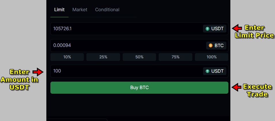 Fill-in order panel on LeveX exchange
