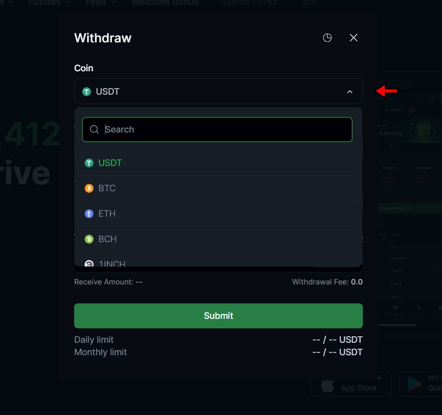 Select cryptocurrency to withdraw on LeveX exchange