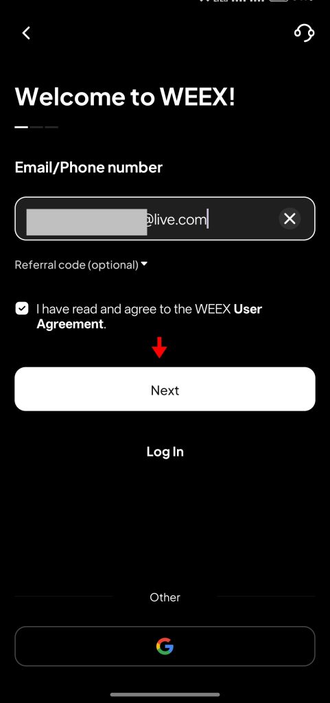 WEEX APP Tutorial: Enter email/phone number