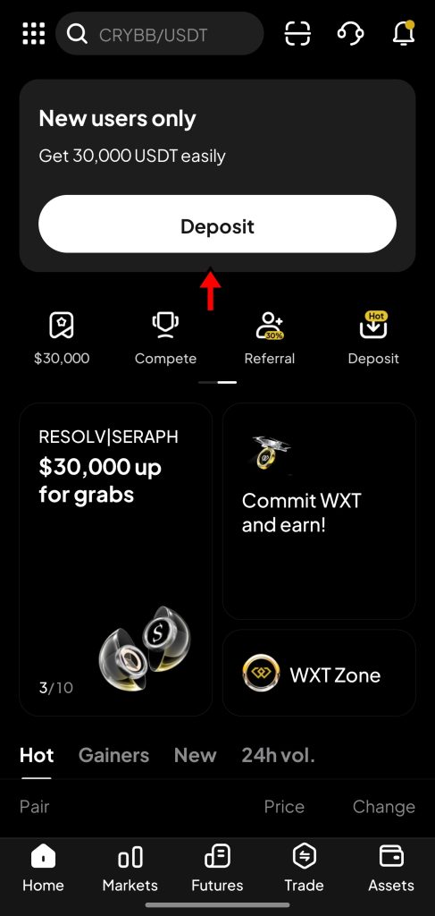 WEEX APP Crypto Deposit Tutorial: home screen
