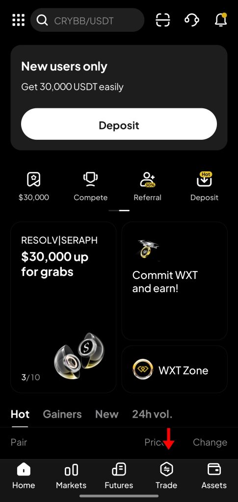 WEEX app Spot Trading Tutorial: home screen