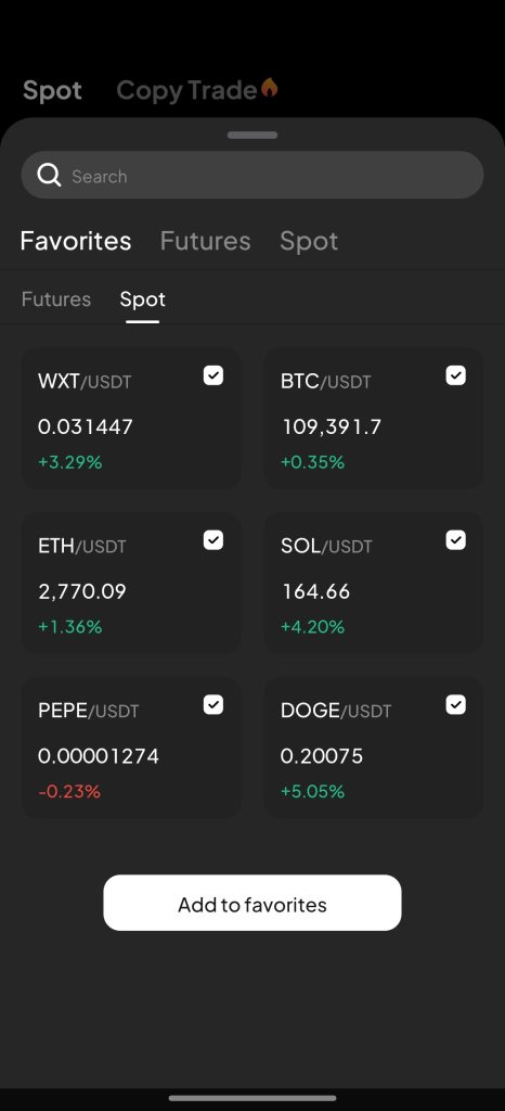 WEEX app Spot Trading Tutorial: Select Spot trading pairs
