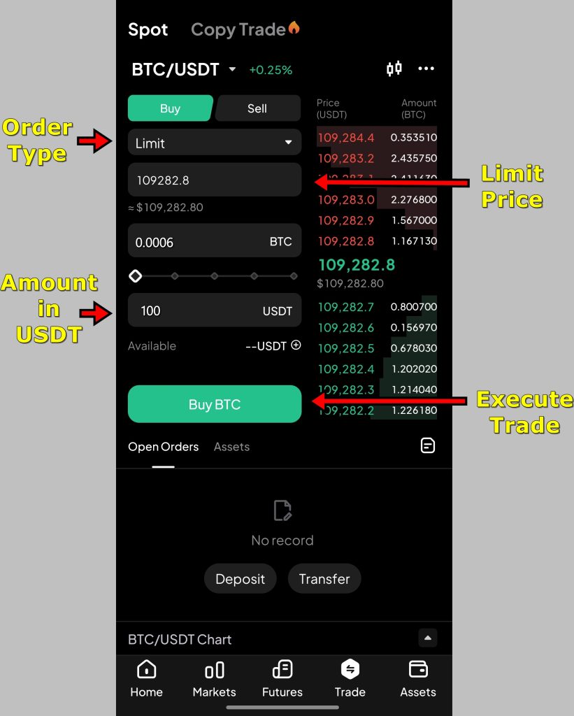 WEEX app Spot Trading Tutorial: Fill-in trade details