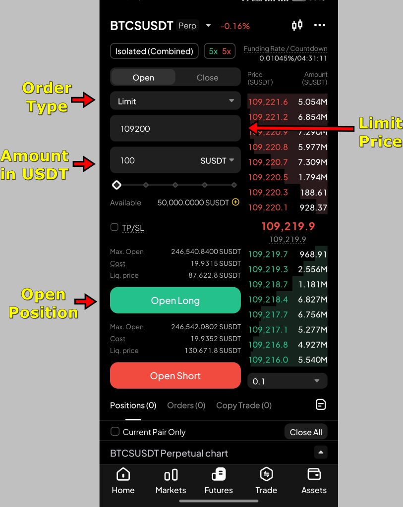 WEEX app Futures Trading Tutorial: Enter trade details
