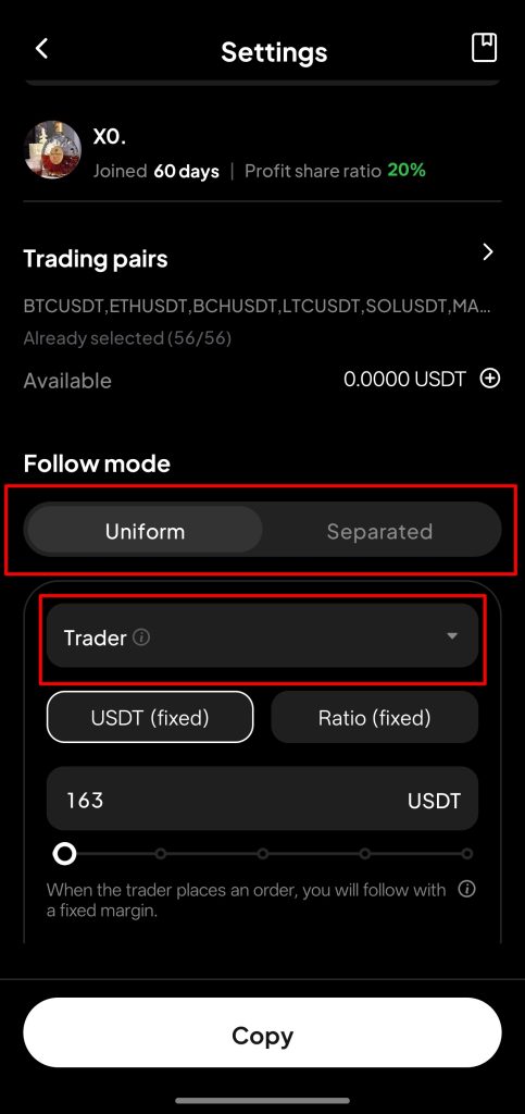 WEEX App Copy trading Tutorial: Select preferred Copy mode and Margin mode