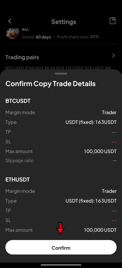 WEEX App Copy trading Tutorial: Review and confirm