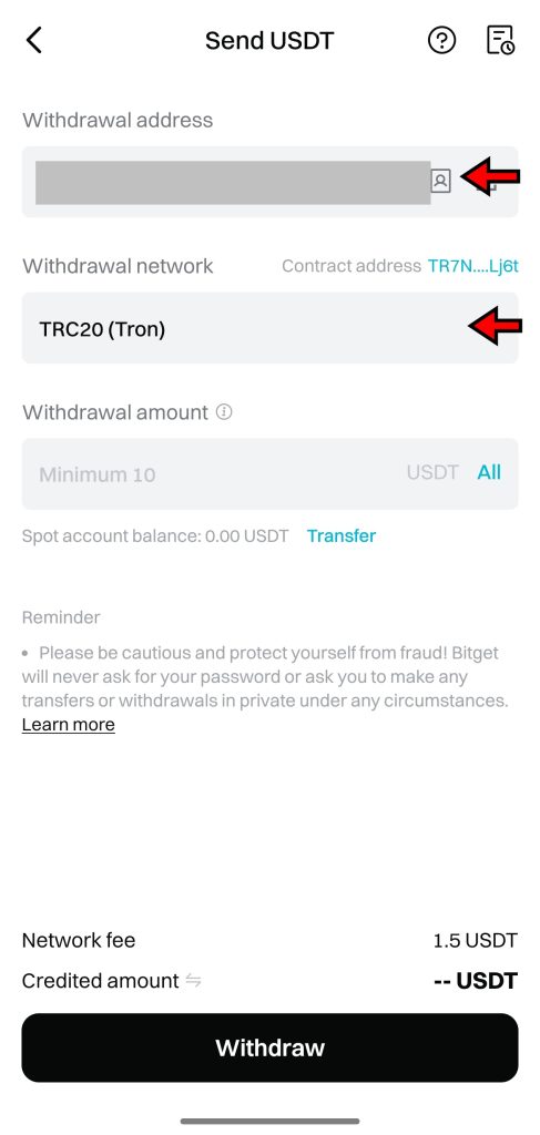 Bitget App Withdrawal Tutorial: Enter Wallet Address and Select Network