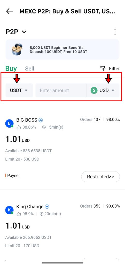MEXC App P2P Tutorial: Select Currencies