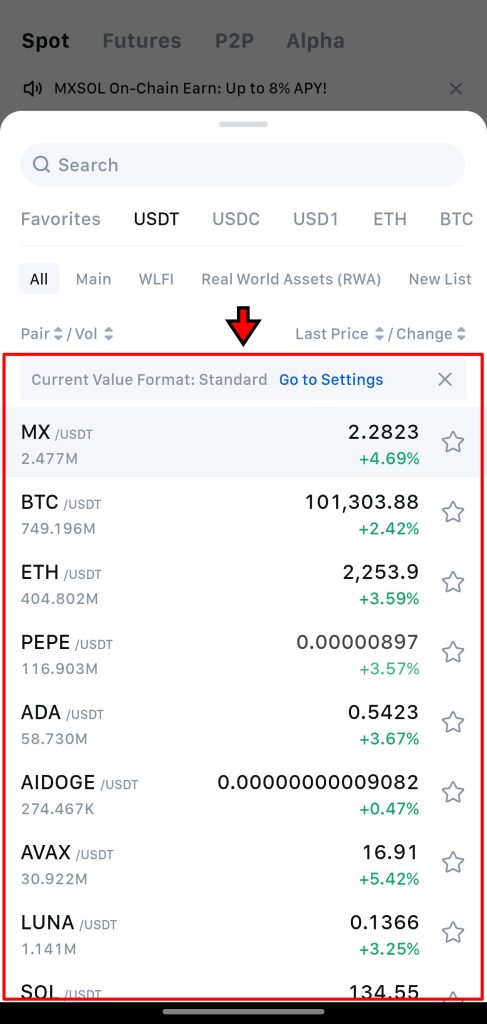 MEXC App Spot Trading Tutorial: Select trading pair