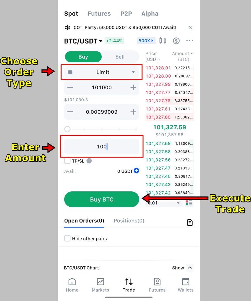 MEXC App Spot Trading Tutorial: Setup trade