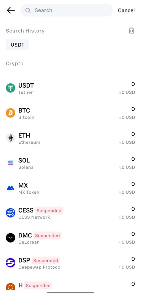 MEXC App Withdrawal Tutorial: Choose cryptocurrency