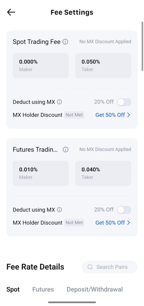 MEXC app trading fees